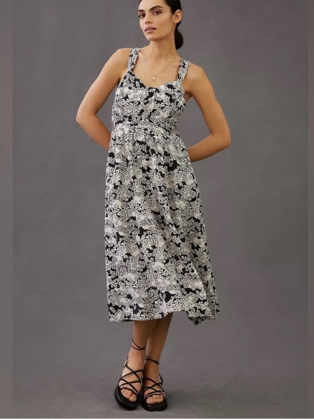 Anthropologie Black & White Floral Tie-Shoulder Midi Dress